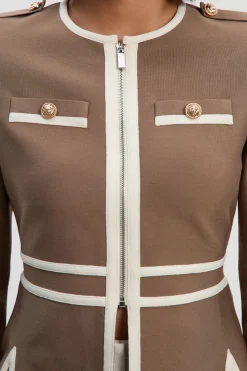 Veste en Maille Bandage Cintrée Style Militaire avec Passepoil Contrastant et Ourlet Fendu