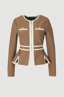 Veste en Maille Bandage Cintrée Style Militaire avec Passepoil Contrastant et Ourlet Fendu