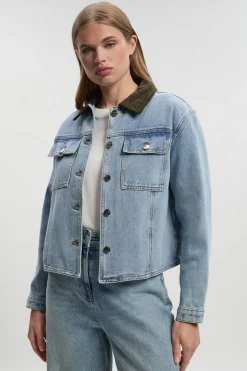 Veste en Mélange Denim et Velours Côtelé