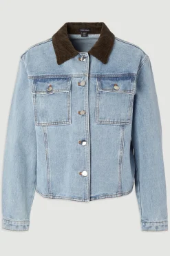 Veste en Mélange Denim et Velours Côtelé