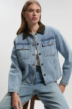 Veste en Mélange Denim et Velours Côtelé