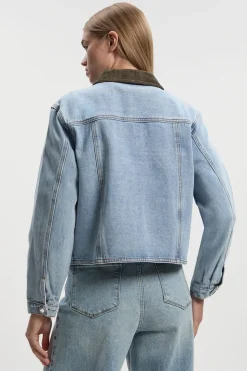 Veste en Mélange Denim et Velours Côtelé
