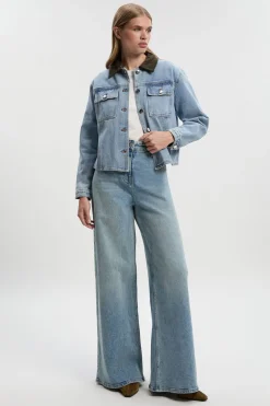Veste en Mélange Denim et Velours Côtelé