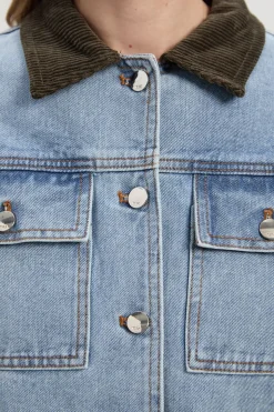 Veste en Mélange Denim et Velours Côtelé