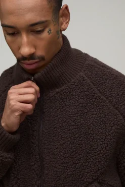 boohooMAN Veste En Polaire Borg Côtelée À Col Montant Coupe Ample<Homme Manteaux Et Vestes