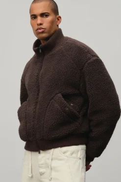 boohooMAN Veste En Polaire Borg Côtelée À Col Montant Coupe Ample<Homme Manteaux Et Vestes