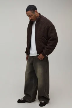 boohooMAN Veste En Polaire Borg Côtelée À Col Montant Coupe Ample<Homme Manteaux Et Vestes