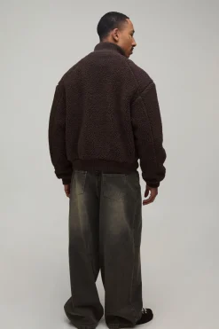 boohooMAN Veste En Polaire Borg Côtelée À Col Montant Coupe Ample<Homme Manteaux Et Vestes