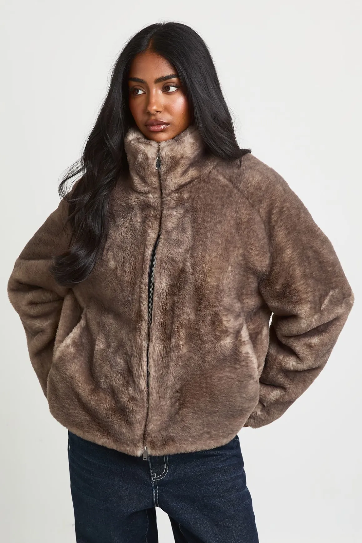 Veste En Synthétique Bicolore À Col Montant