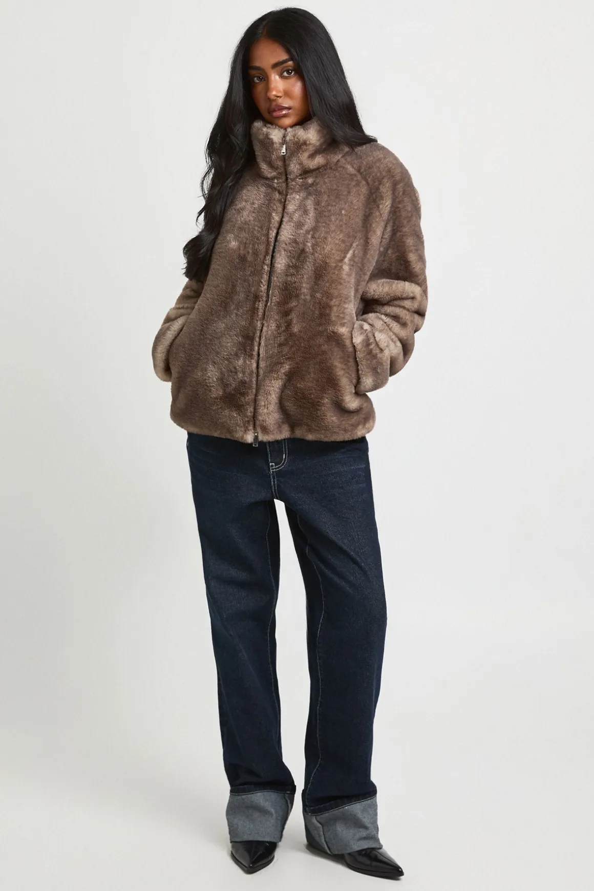 Veste En Synthétique Bicolore À Col Montant