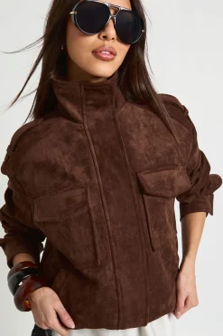 boohoo Veste en synthétique à Col Montant avec Détails de Poches<Femme Looks Chocolat|Manteaux Et Vestes D’Automne