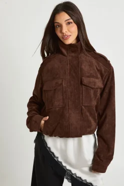 boohoo Veste en synthétique à Col Montant avec Détails de Poches<Femme Looks Chocolat|Manteaux Et Vestes D’Automne