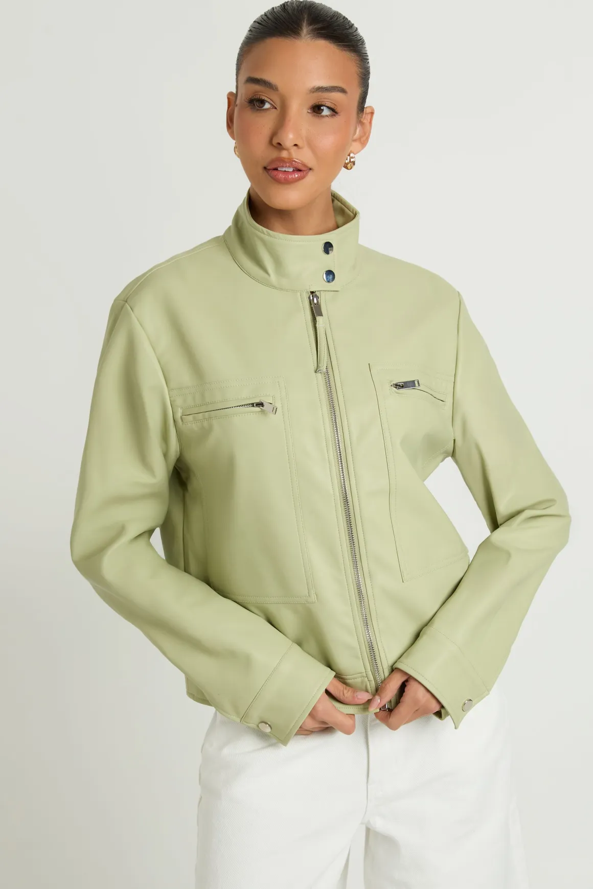 Veste En Synthétiquecuir Avec Col Boutonné Et Poches Zippées