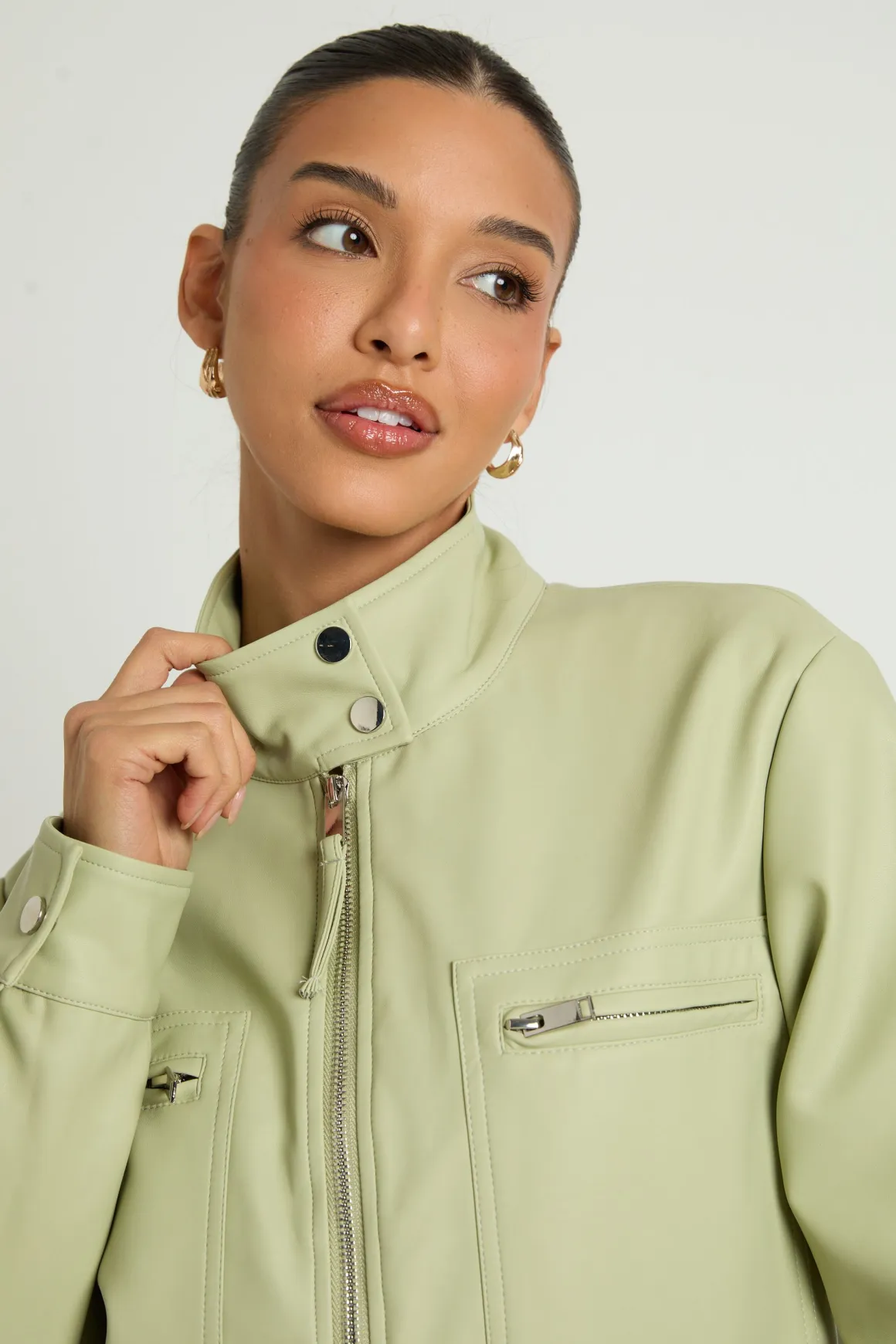 Veste En Synthétiquecuir Avec Col Boutonné Et Poches Zippées