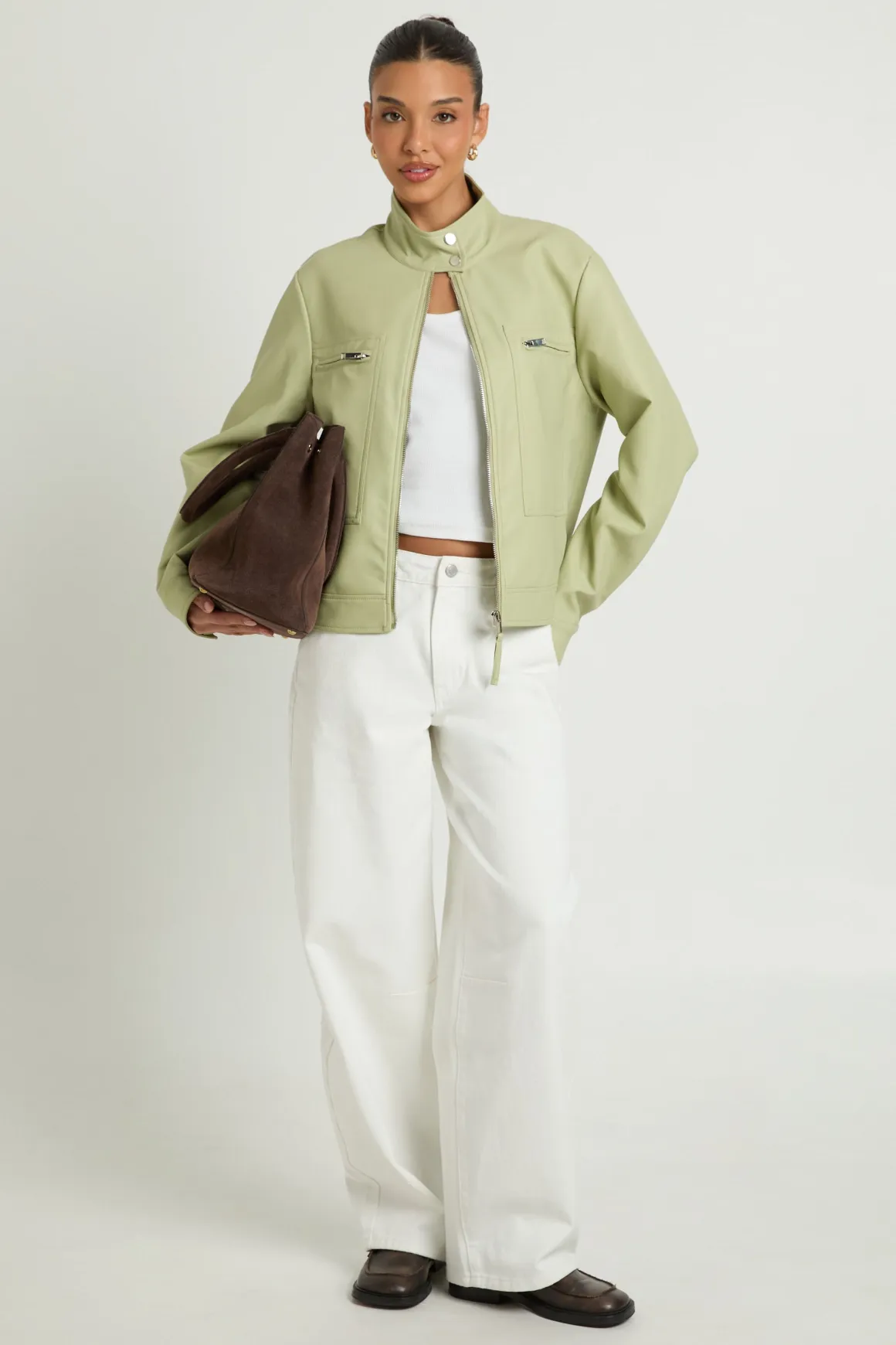 Veste En Synthétiquecuir Avec Col Boutonné Et Poches Zippées