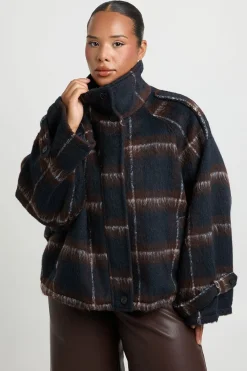 boohoo Veste Grande Taille Col Cheminée À Carreaux Aspect Laine<Femme Vestes & Manteaux