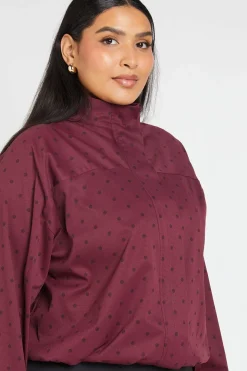 Veste Grande Taille Col Montant Sergé À Pois Avec Fermeture Éclair