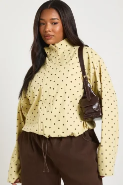 Veste Grande Taille Col Montant Sergé à Pois avec Fermeture Éclair