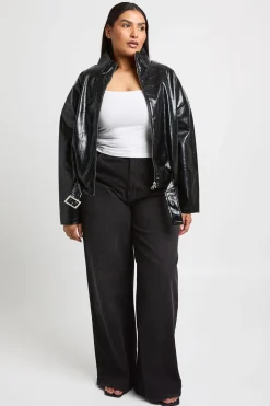 Veste Grande Taille Col Montant Synthétique Verni Effet Croco