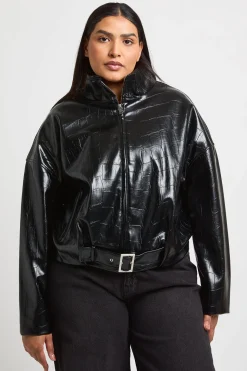 Veste Grande Taille Col Montant Synthétique Verni Effet Croco