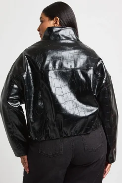 Veste Grande Taille Col Montant Synthétique Verni Effet Croco