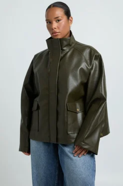 Veste Grande Taille En Synthétiquecuir À Col Cheminée