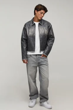 boohooMAN Veste Harrington Boxy En Synthétique Avec Appliqué Tumble<Homme Manteaux Et Vestes