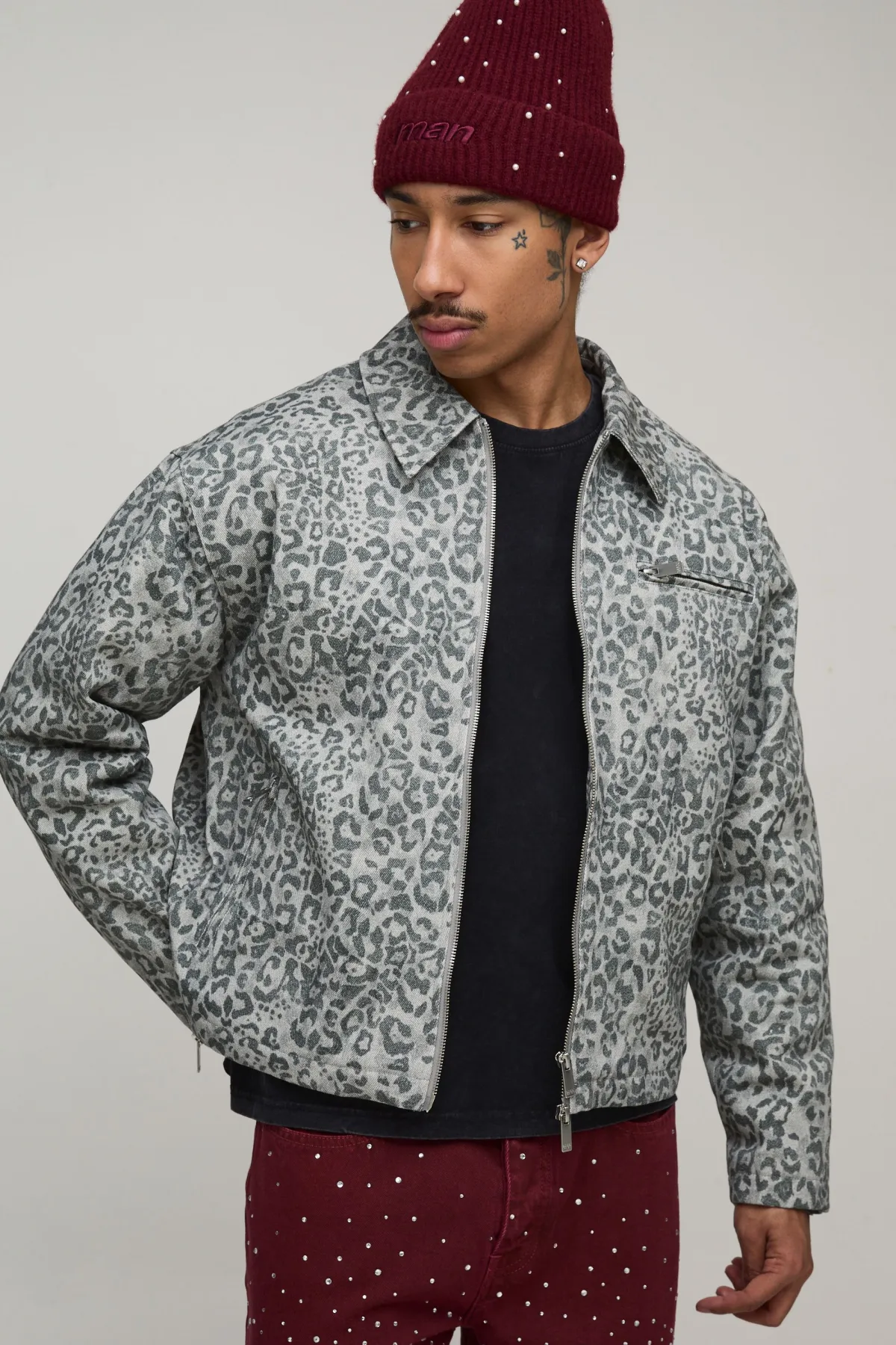boohooMAN Veste Harrington Coupe Ample Sergé Imprimé Léopard<Homme Manteaux Et Vestes
