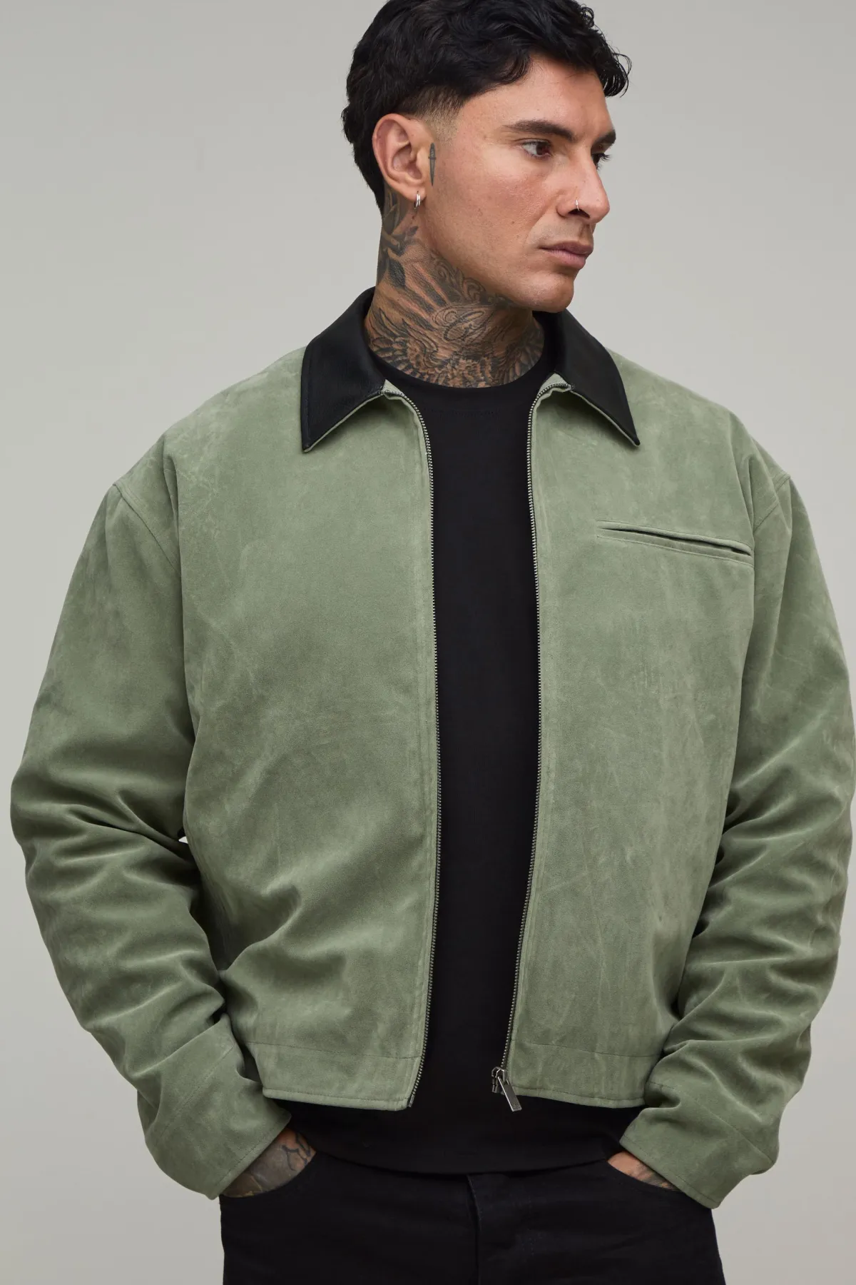 boohooMAN Veste Harrington Grande Taille En Synthétique Col Contrasté<Homme Tout Afficher|Vestes & Manteaux Tall