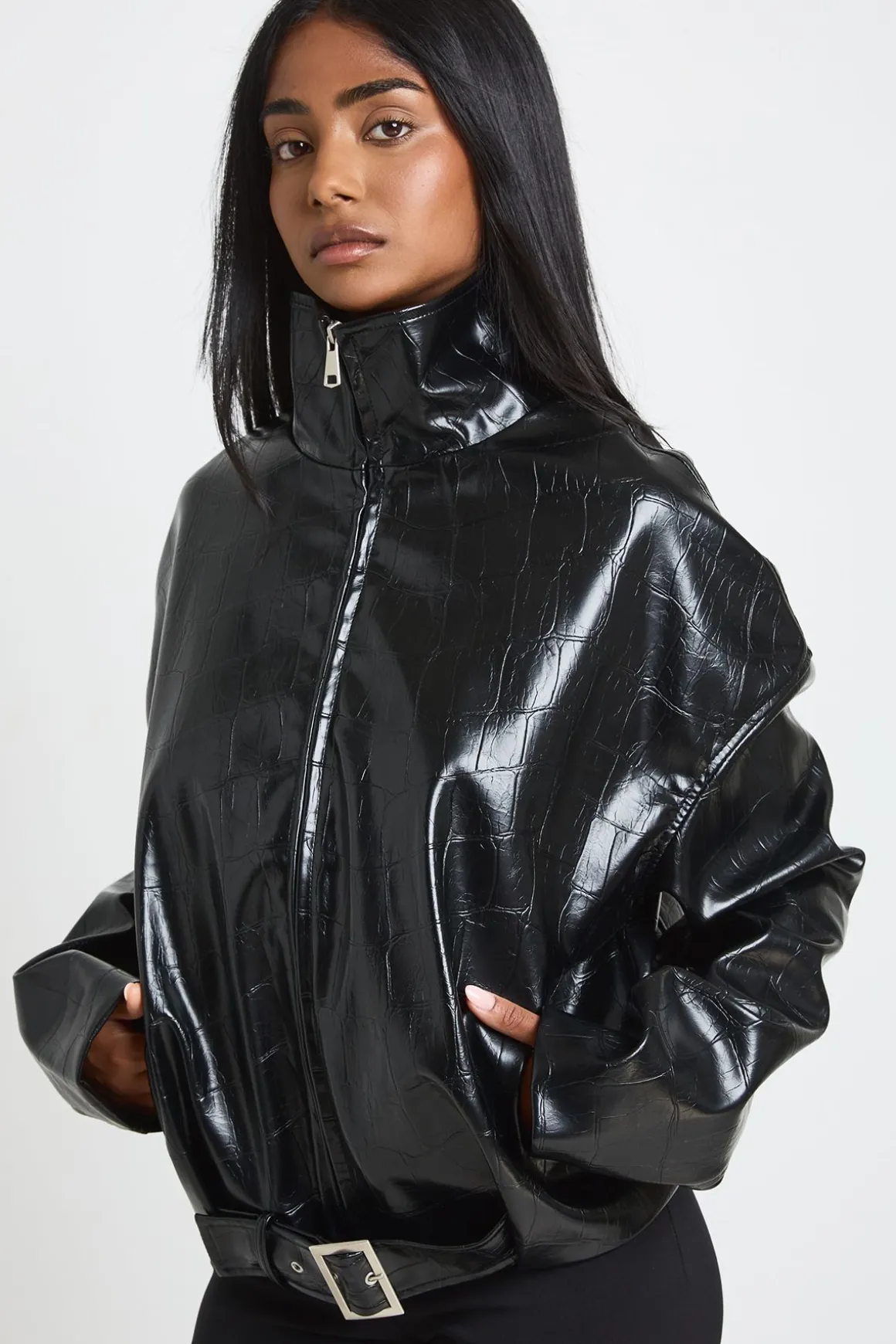 Veste Haute En Synthétique Verni À Col Montant