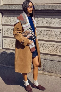 Veste longue à col en faux suède