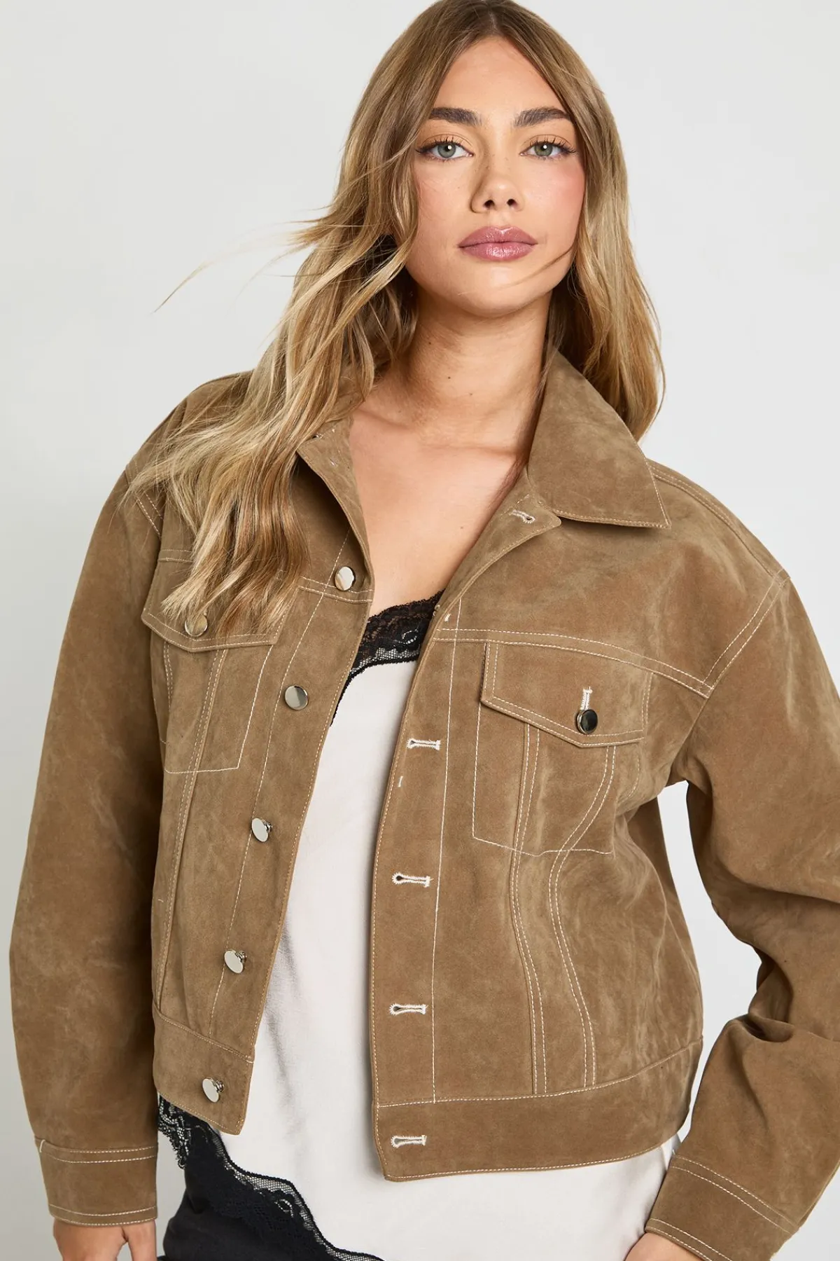 boohoo Veste Look Suède à couture contrastante<Femme Manteaux Et Vestes D’Automne|Vestes & Manteaux