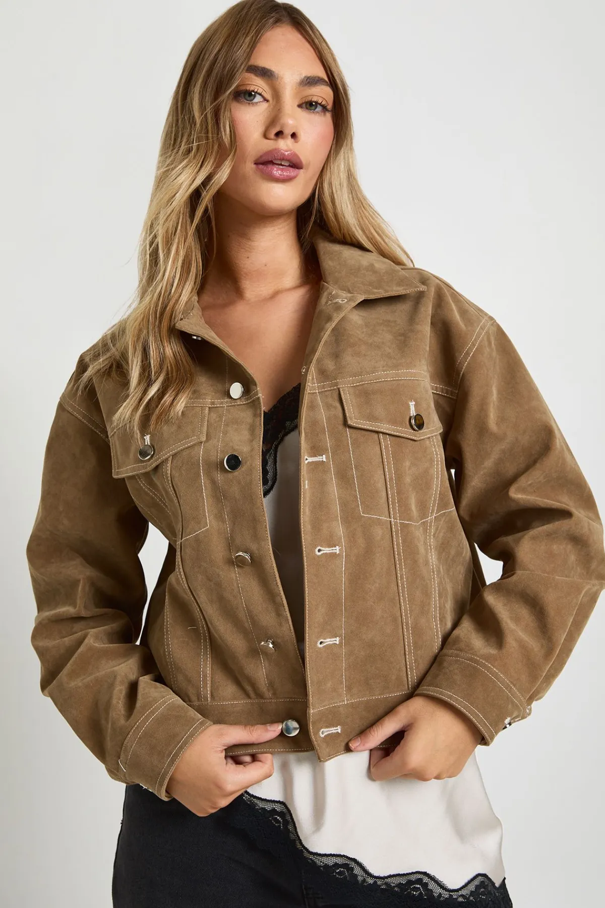 boohoo Veste Look Suède à couture contrastante<Femme Manteaux Et Vestes D’Automne|Vestes & Manteaux
