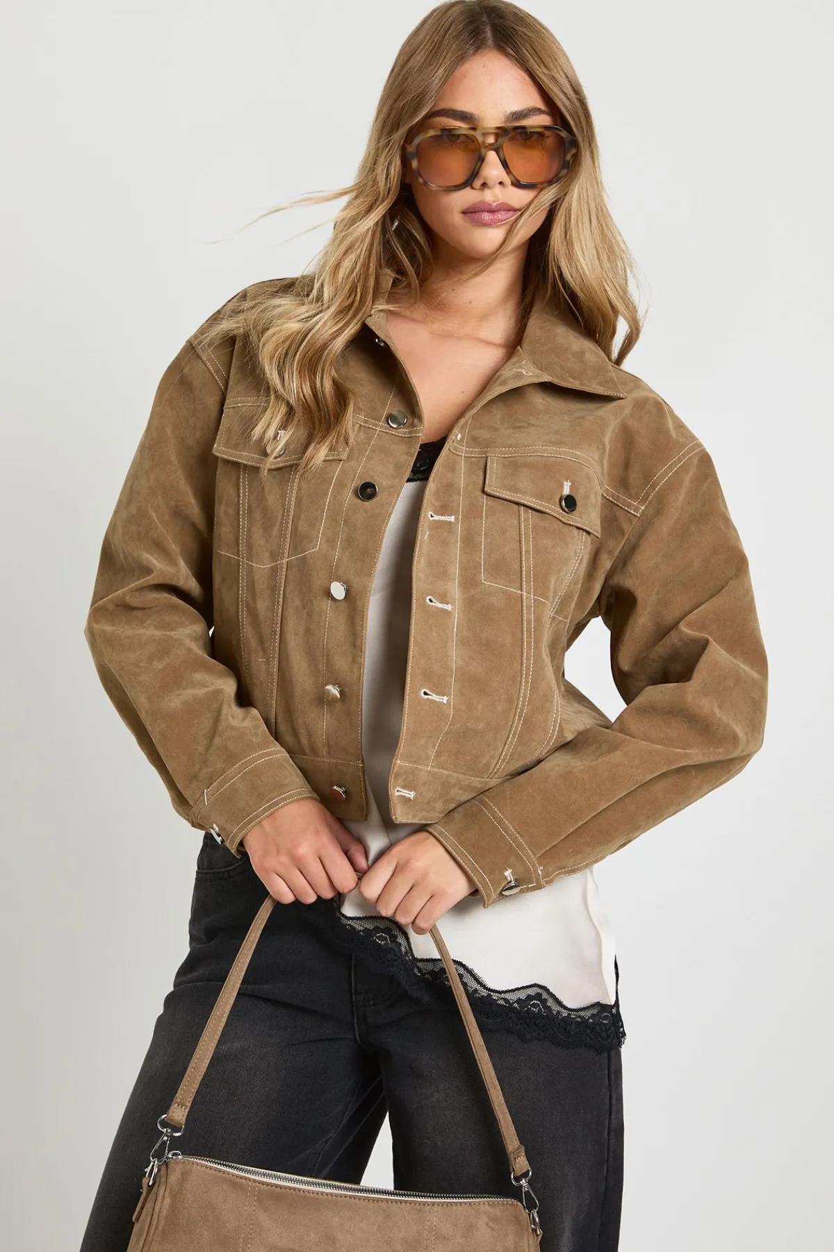 boohoo Veste Look Suède à couture contrastante<Femme Manteaux Et Vestes D’Automne|Vestes & Manteaux