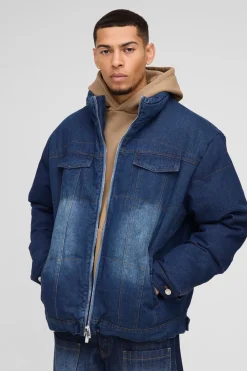 boohooMAN Veste matelassée en denim surdimensionnée à col entonnoir, style boxy<Homme Denim|Denim
