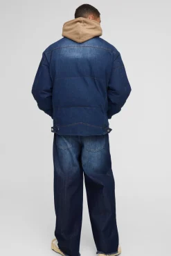 boohooMAN Veste matelassée en denim surdimensionnée à col entonnoir, style boxy<Homme Denim|Denim