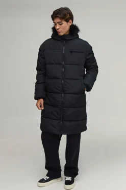 Veste Matelassée Longue À Casynthétiqueche Coupe Regular Avec Synthétique En Noir