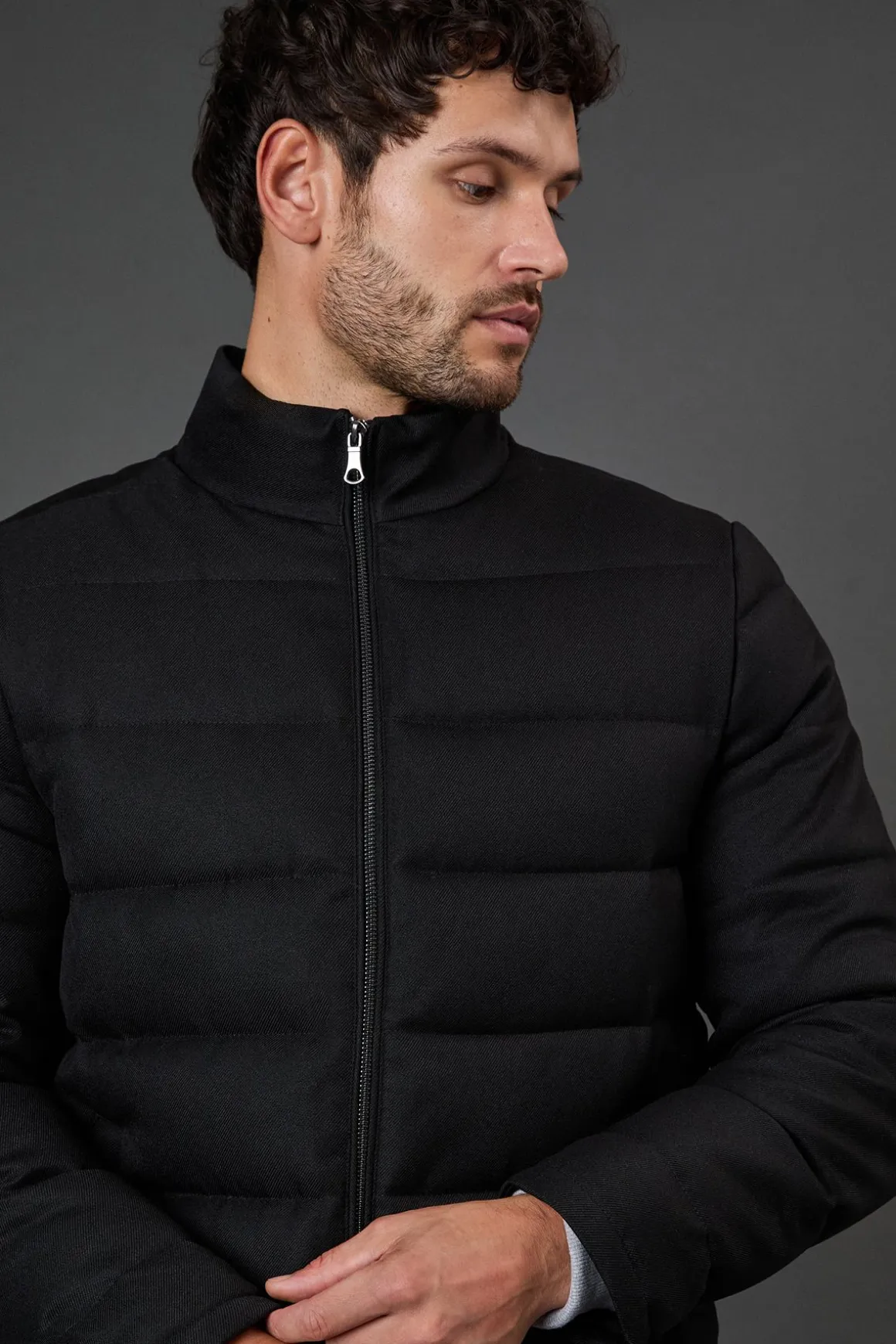 Veste Matelassée Noire Aspect Laine