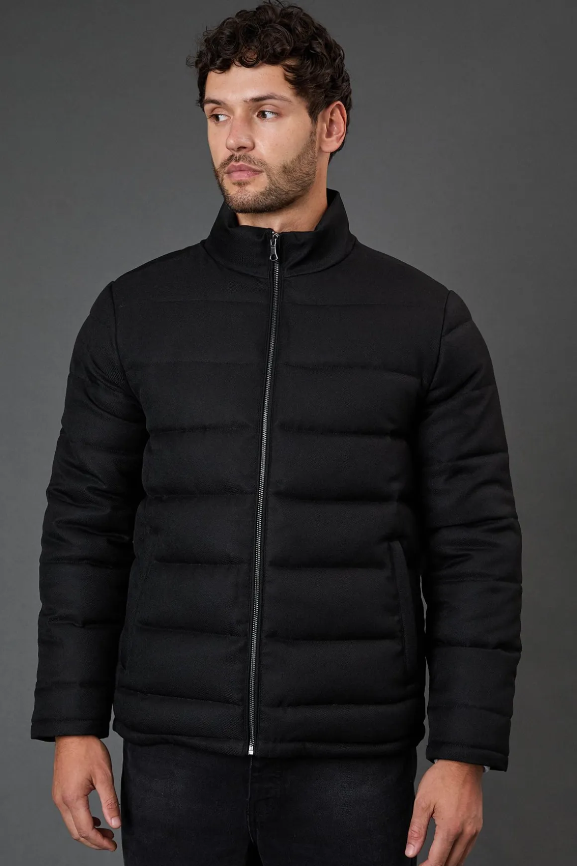 Veste Matelassée Noire Aspect Laine