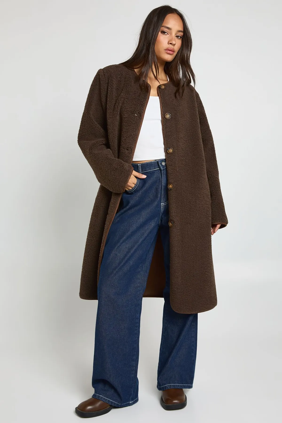 boohoo Veste maxi Teddy sans col<Femme Vestes & Manteaux|Manteaux Teddy