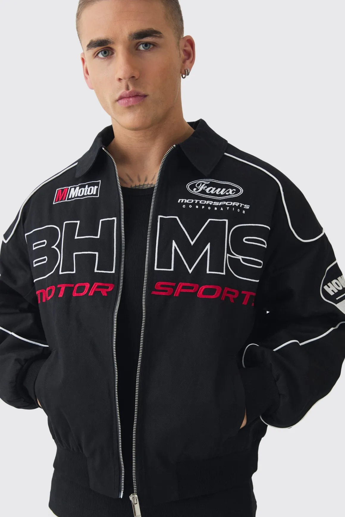 Veste moto Boxy Badge en sergé noire