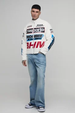boohooMAN Veste Moto En Sergé Appliqué Coupe Ample Longue<Homme Tout Afficher|Vestes & Manteaux Tall