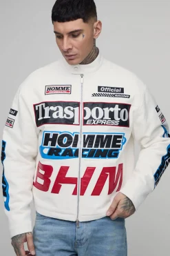 boohooMAN Veste Moto En Sergé Appliqué Coupe Ample Longue<Homme Tout Afficher|Vestes & Manteaux Tall