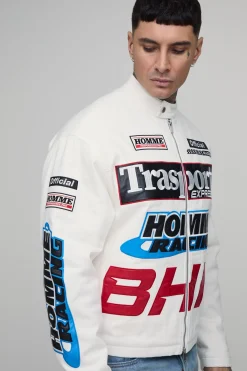 boohooMAN Veste Moto En Sergé Appliqué Coupe Ample Longue<Homme Tout Afficher|Vestes & Manteaux Tall