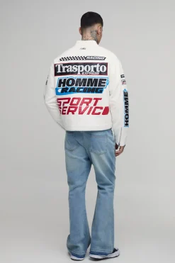 boohooMAN Veste Moto En Sergé Appliqué Coupe Ample Longue<Homme Tout Afficher|Vestes & Manteaux Tall
