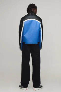 boohooMAN Veste Moto En Synthétique Coupe Regular À Blocs De Couleur<Homme Manteaux Et Vestes