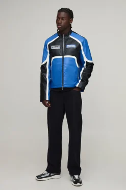 boohooMAN Veste Moto En Synthétique Coupe Regular À Blocs De Couleur<Homme Manteaux Et Vestes
