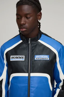 boohooMAN Veste Moto En Synthétique Coupe Regular À Blocs De Couleur<Homme Manteaux Et Vestes