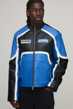 boohooMAN Veste Moto En Synthétique Coupe Regular À Blocs De Couleur<Homme Manteaux Et Vestes