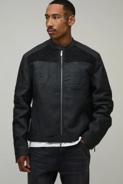 Veste Moto Homme Coupe Boxy À Effet Gaufré